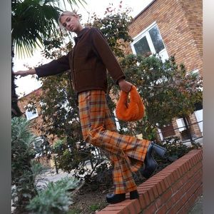 Zara Pink Orange Plaid Flared Trouser Pant